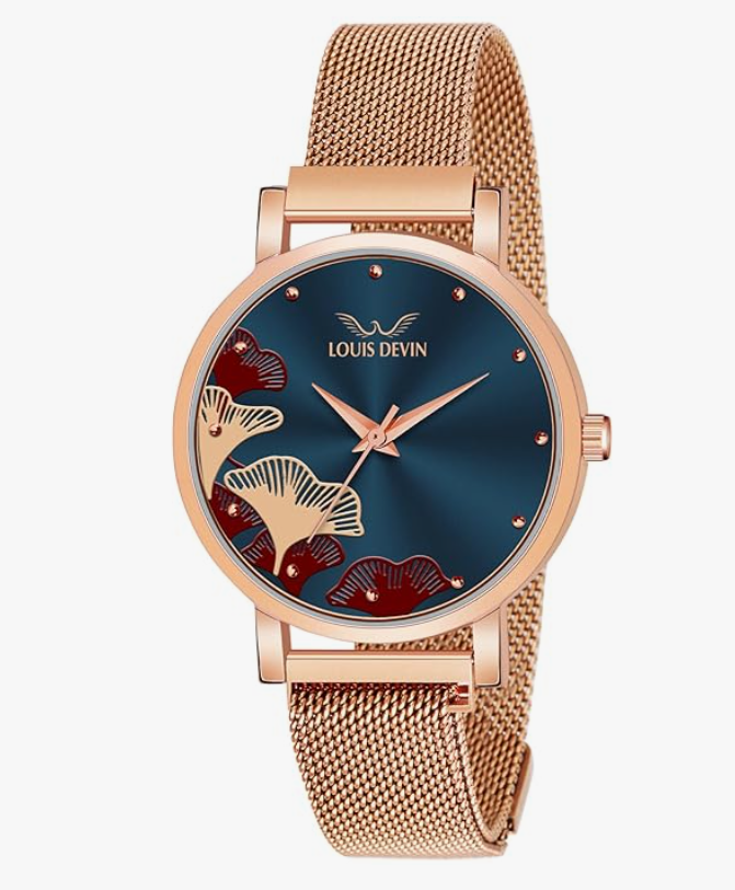 LOUIS DEVIN Rose Gold Plated Mesh Chain Analog Wrist Watch