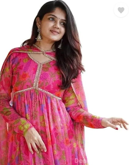 Women Abstract Georgette Anarkali Kurta With Attached Dupatta  (Pink)