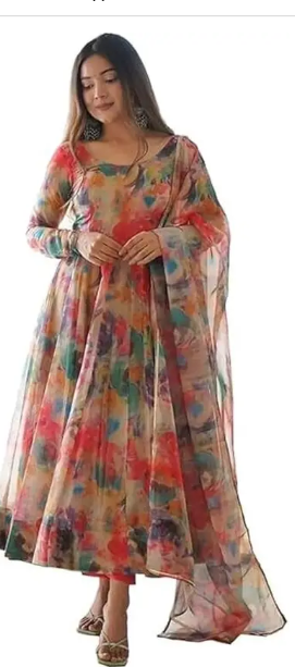 Women Abstract Georgette Anarkali Kurta With Attached Dupatta  (Orange)