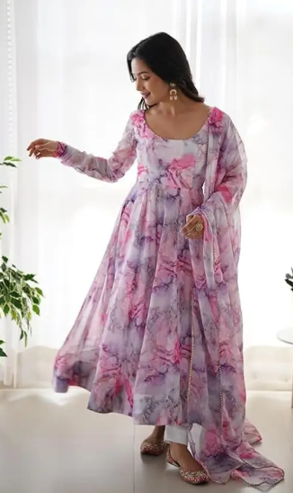 Women Abstract Georgette Anarkali Kurta With Attached Dupatta  (Pink)