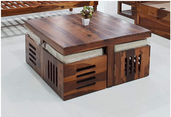 Custom Decor Solid Sheesham Wood Coffee Table with 4 Stools