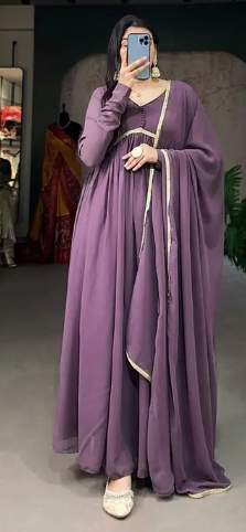 Women Woven Design Georgette Anarkali Kurta  (Purple) Special price