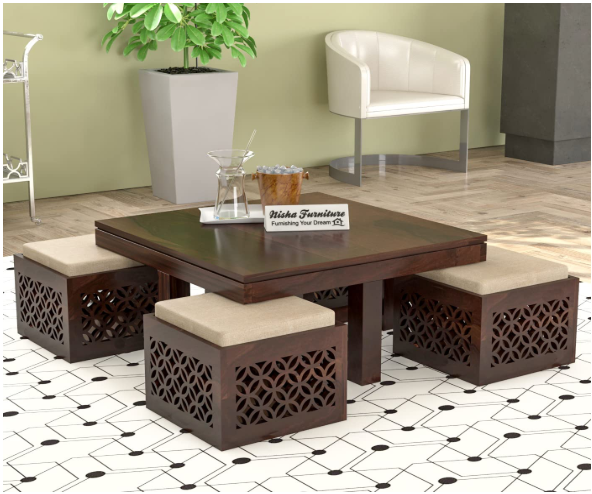 NISHA FURNITURE Solid Wooden Center Table with 4 Stool